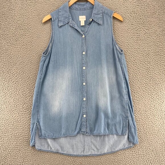 Chicos Shirt Womens 0 US Small Blue Chambray Button Up Collar Sleeveless Hi Low - Picture 1 of 10